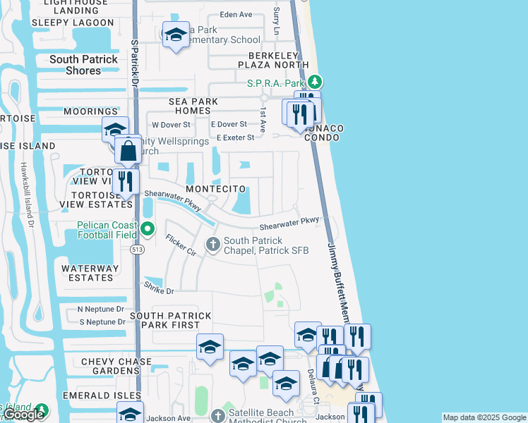 map of restaurants, bars, coffee shops, grocery stores, and more near 51 Montecito Drive in Satellite Beach