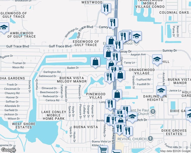 map of restaurants, bars, coffee shops, grocery stores, and more near 4354 Tahitian Gardens Circle in Holiday