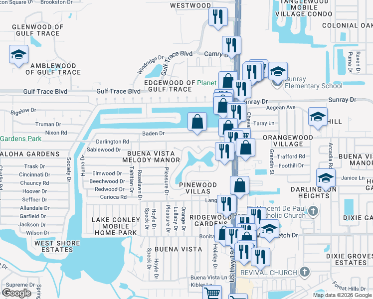 map of restaurants, bars, coffee shops, grocery stores, and more near 4345 Tahitian Gardens Circle in Holiday