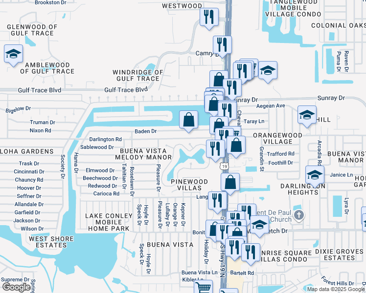 map of restaurants, bars, coffee shops, grocery stores, and more near 4354 Tahitian Gardens Circle in Holiday