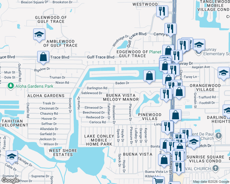 map of restaurants, bars, coffee shops, grocery stores, and more near 4019 Scarlet Maple Drive in Holiday
