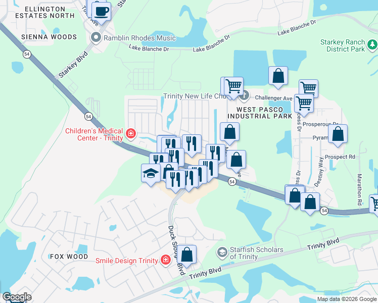 map of restaurants, bars, coffee shops, grocery stores, and more near 10829 Florida 54 in New Port Richey