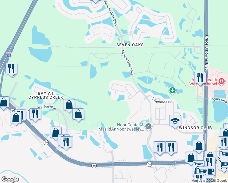 map of restaurants, bars, coffee shops, grocery stores, and more near 2603 Sylvan Ramble Court in Wesley Chapel