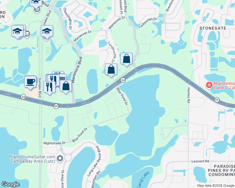 map of restaurants, bars, coffee shops, grocery stores, and more near 2490 Morninglight Drive in Lutz
