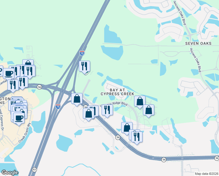 map of restaurants, bars, coffee shops, grocery stores, and more near 26536 Chimney Spire Lane in Wesley Chapel