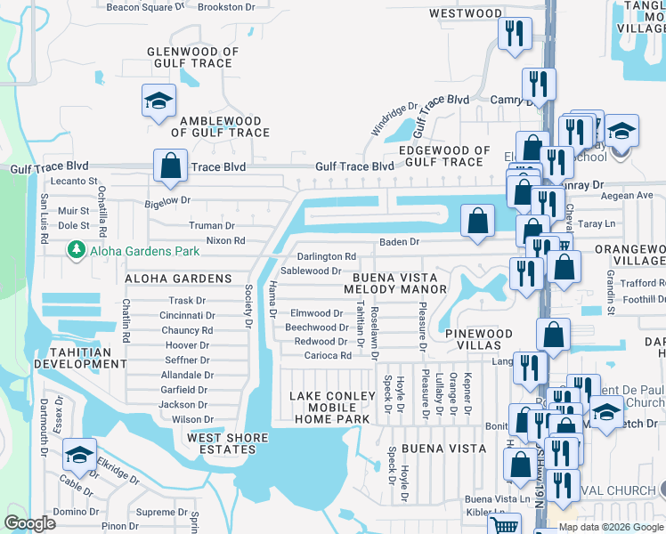 map of restaurants, bars, coffee shops, grocery stores, and more near 3839 Sablewood Drive in Holiday