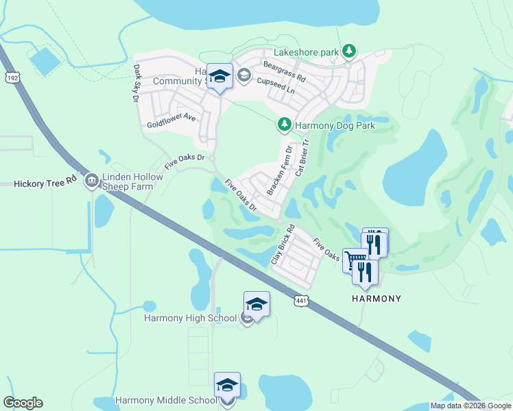 map of restaurants, bars, coffee shops, grocery stores, and more near 7017 5 Oaks Drive in Osceola County