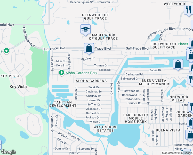 map of restaurants, bars, coffee shops, grocery stores, and more near 3441 Eisenhower Drive in Holiday