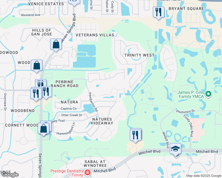 map of restaurants, bars, coffee shops, grocery stores, and more near 7606 Cypress Walk Drive in New Port Richey
