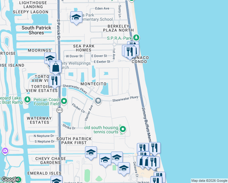 map of restaurants, bars, coffee shops, grocery stores, and more near 51 Montecito Drive in Satellite Beach