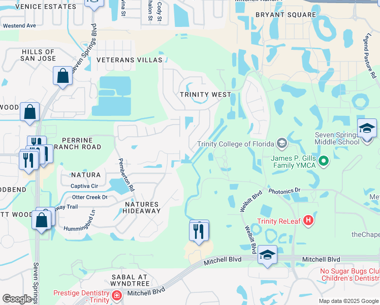 map of restaurants, bars, coffee shops, grocery stores, and more near 2439 Maylin Drive in Trinity