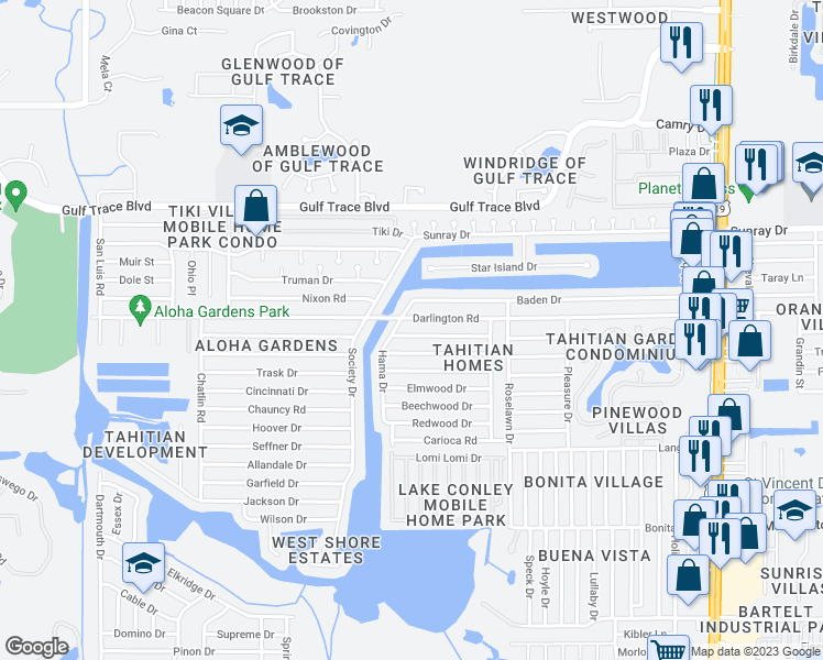 map of restaurants, bars, coffee shops, grocery stores, and more near 3737 Sablewood Drive in Holiday