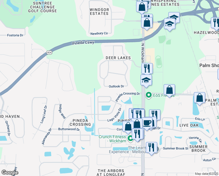 map of restaurants, bars, coffee shops, grocery stores, and more near 4982 Outlook Drive in Melbourne