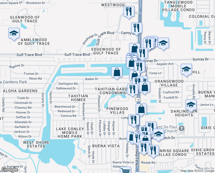 map of restaurants, bars, coffee shops, grocery stores, and more near 4359 Tahitian Gardens Circle in Holiday