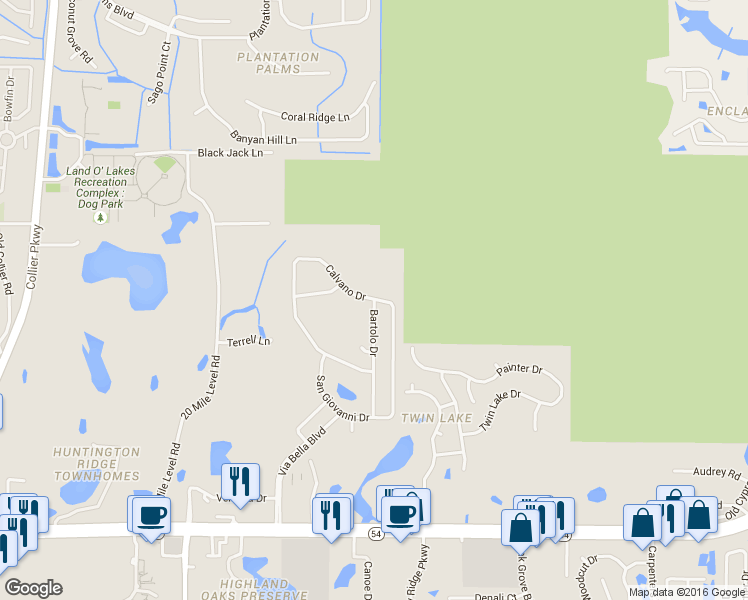 map of restaurants, bars, coffee shops, grocery stores, and more near 2651 Calvano Drive in Land O' Lakes