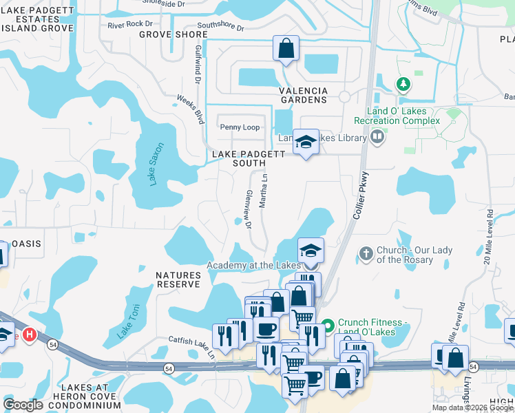 map of restaurants, bars, coffee shops, grocery stores, and more near 2528 Glenview Drive in Land O' Lakes