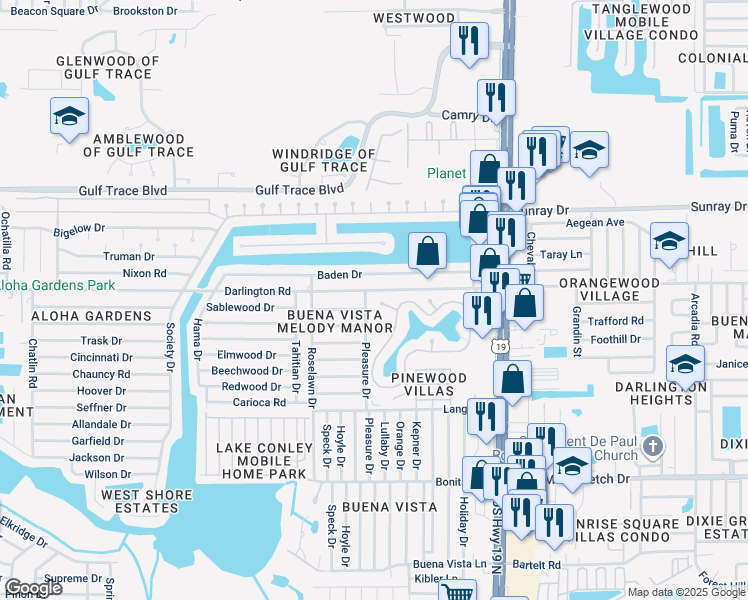 map of restaurants, bars, coffee shops, grocery stores, and more near 4115 Scarlet Maple Drive in Holiday