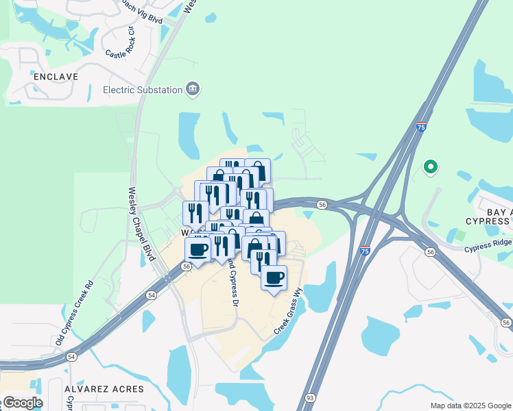 map of restaurants, bars, coffee shops, grocery stores, and more near 25566 Highway 56 in Lutz