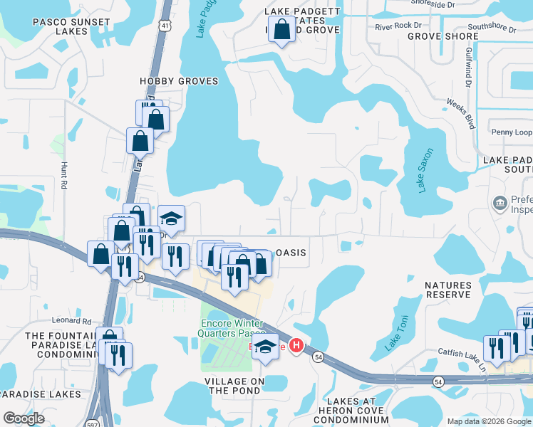 map of restaurants, bars, coffee shops, grocery stores, and more near 21721 Otis Way in Land O' Lakes