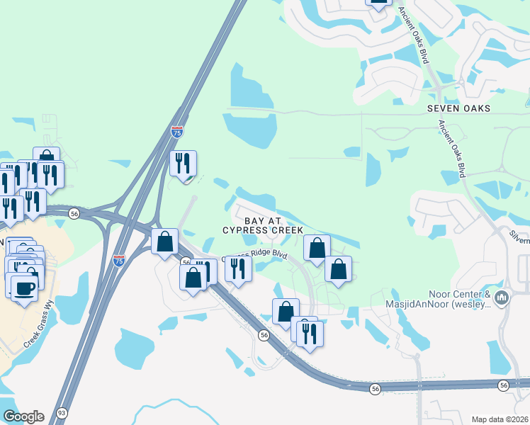 map of restaurants, bars, coffee shops, grocery stores, and more near 26615 Castleview Way in Wesley Chapel
