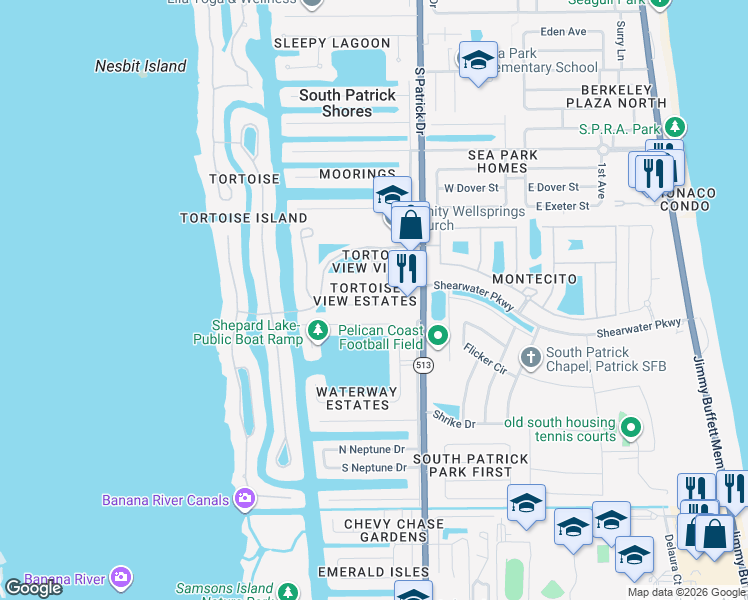 map of restaurants, bars, coffee shops, grocery stores, and more near in South Patrick Shores