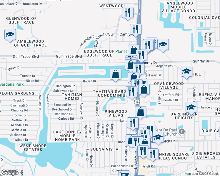 map of restaurants, bars, coffee shops, grocery stores, and more near 4212 Baden Drive in Holiday