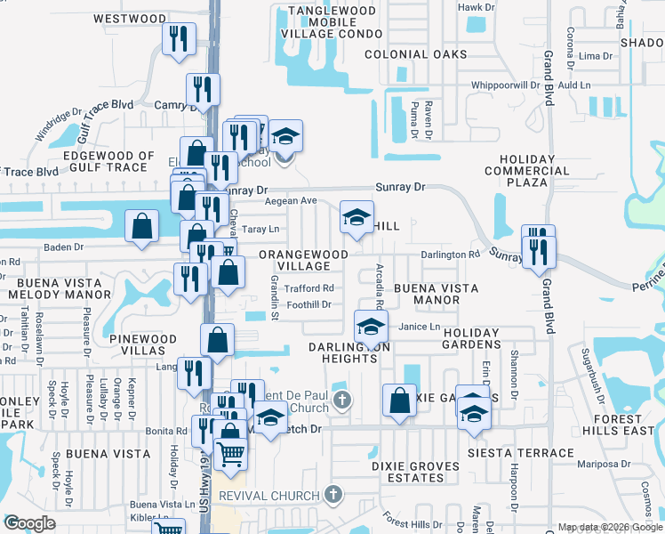 map of restaurants, bars, coffee shops, grocery stores, and more near 2508 Sweetwood Drive in Holiday