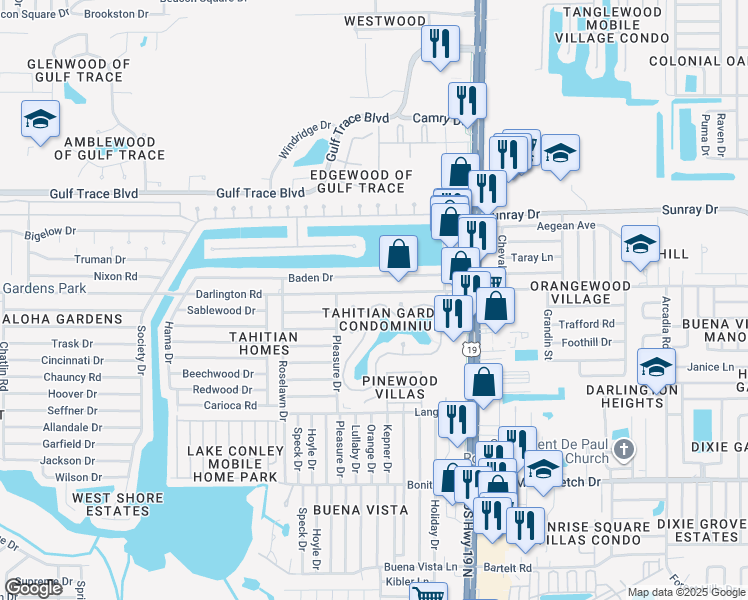 map of restaurants, bars, coffee shops, grocery stores, and more near 4361 Tahitian Gardens Circle in Holiday