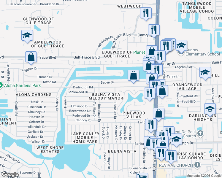map of restaurants, bars, coffee shops, grocery stores, and more near 4120 Baden Drive in Holiday