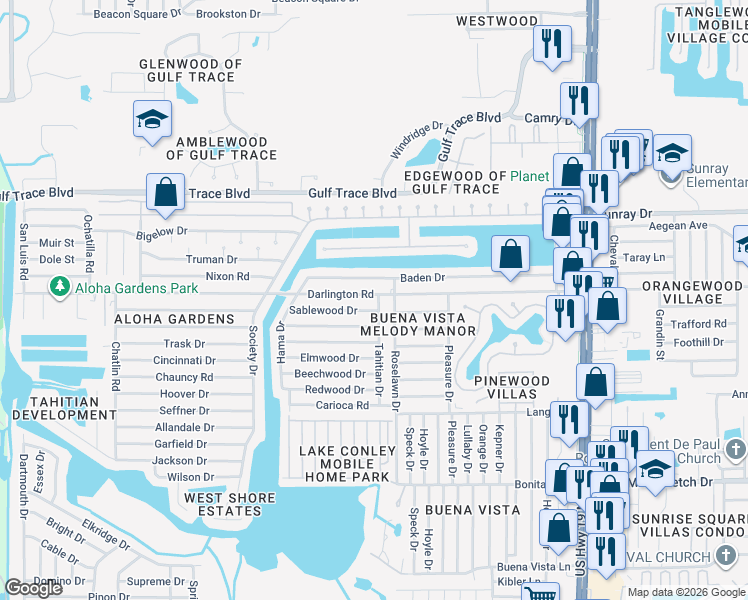 map of restaurants, bars, coffee shops, grocery stores, and more near 3926 Baden Drive in Holiday