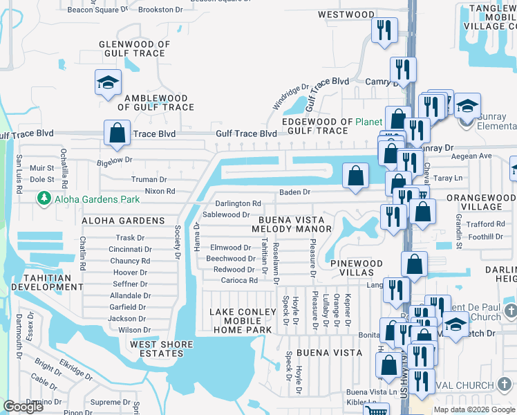 map of restaurants, bars, coffee shops, grocery stores, and more near 3926 Baden Drive in Holiday