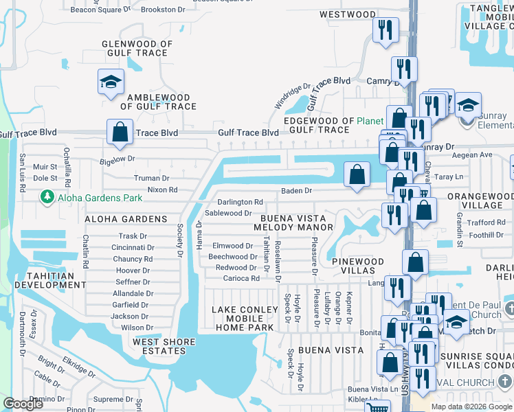 map of restaurants, bars, coffee shops, grocery stores, and more near 3926 Baden Drive in Holiday