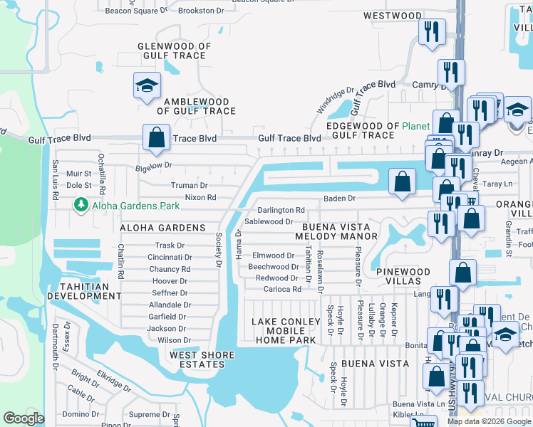 map of restaurants, bars, coffee shops, grocery stores, and more near 3727 Baden Drive in Holiday