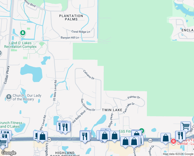 map of restaurants, bars, coffee shops, grocery stores, and more near 2987 Calvano Drive in Land O' Lakes