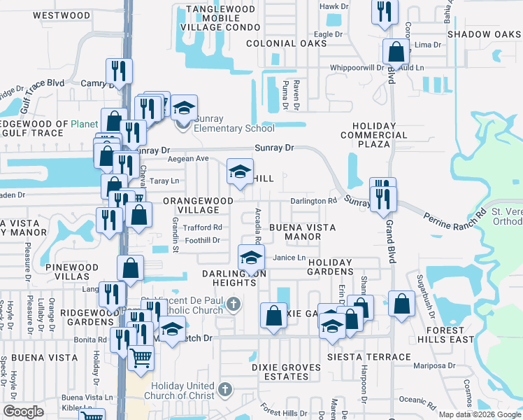 map of restaurants, bars, coffee shops, grocery stores, and more near 5014 Darlington Road in Holiday