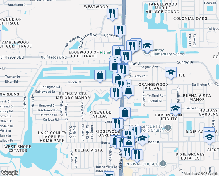 map of restaurants, bars, coffee shops, grocery stores, and more near 4375 Tahitian Gardens Circle in Holiday