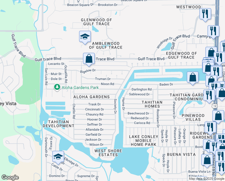map of restaurants, bars, coffee shops, grocery stores, and more near 3542 Nixon Road in Holiday