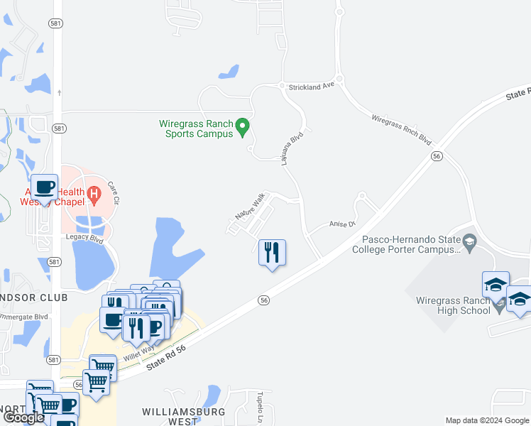 map of restaurants, bars, coffee shops, grocery stores, and more near 2752 Nature Walk in Wesley Chapel