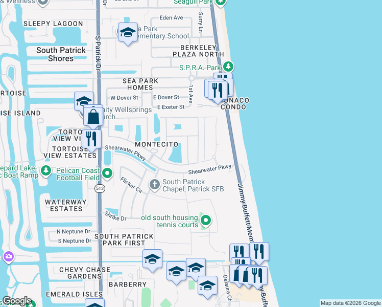 map of restaurants, bars, coffee shops, grocery stores, and more near 50 Hibiscus Avenue in Satellite Beach