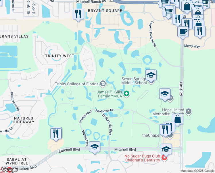 map of restaurants, bars, coffee shops, grocery stores, and more near 2500 Welbilt Boulevard in Trinity