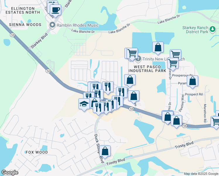 map of restaurants, bars, coffee shops, grocery stores, and more near 10901 Central Park Avenue in New Port Richey