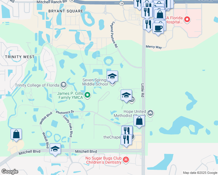 map of restaurants, bars, coffee shops, grocery stores, and more near 2441 Little Road in Trinity