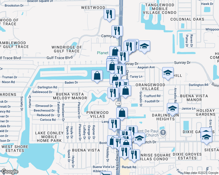 map of restaurants, bars, coffee shops, grocery stores, and more near 4404 Baden Drive in Holiday