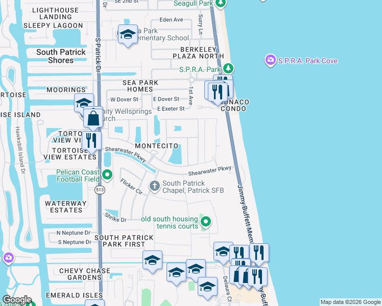 map of restaurants, bars, coffee shops, grocery stores, and more near 50 Hibiscus Avenue in Satellite Beach