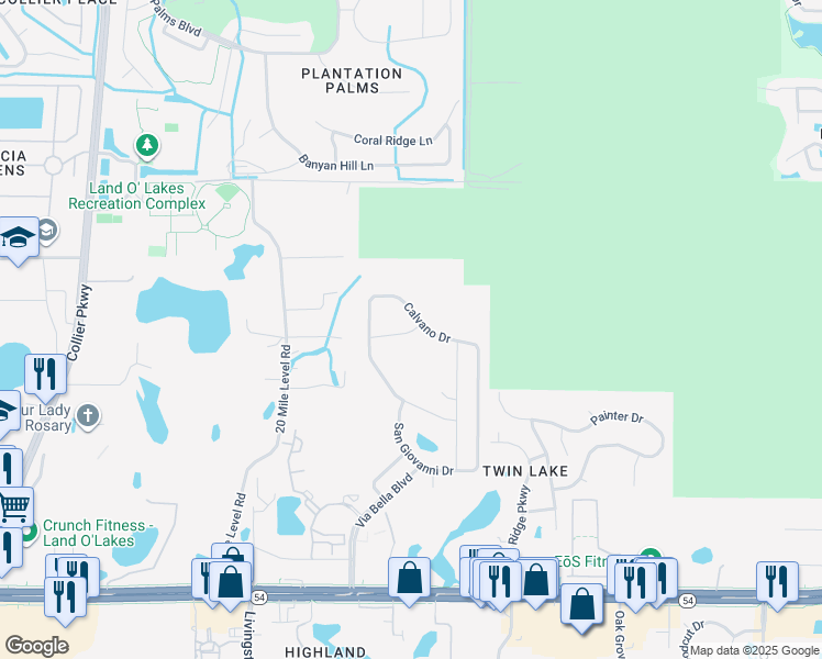 map of restaurants, bars, coffee shops, grocery stores, and more near 2266 Via Bella Boulevard in Land O' Lakes
