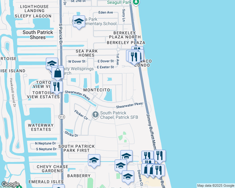 map of restaurants, bars, coffee shops, grocery stores, and more near 50 Hibiscus Avenue in Satellite Beach