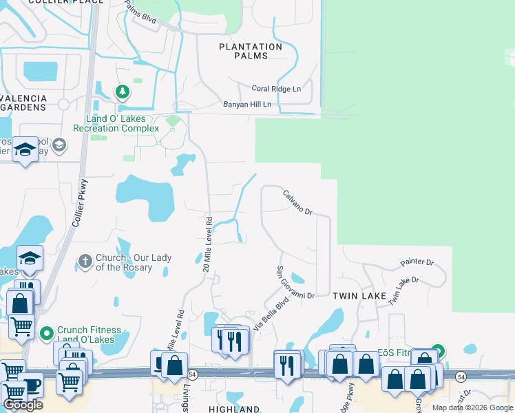 map of restaurants, bars, coffee shops, grocery stores, and more near 2651 Calvano Drive in Land O' Lakes