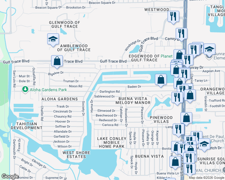 map of restaurants, bars, coffee shops, grocery stores, and more near 3830 Baden Drive in Holiday