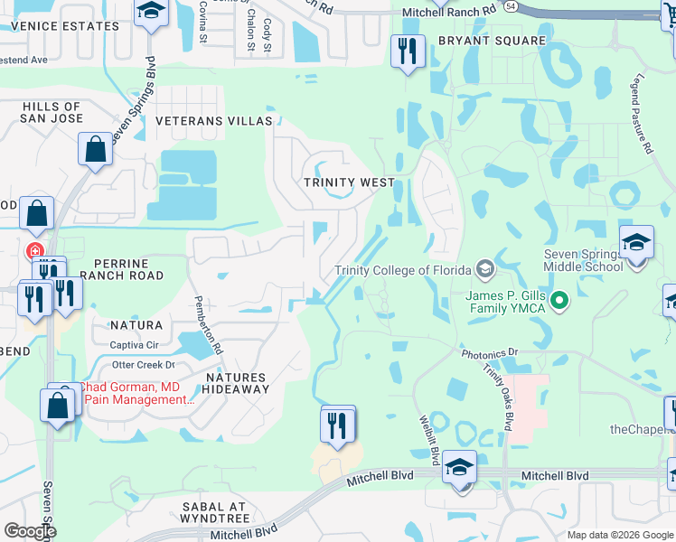 map of restaurants, bars, coffee shops, grocery stores, and more near 2508 Palesta Drive in Trinity