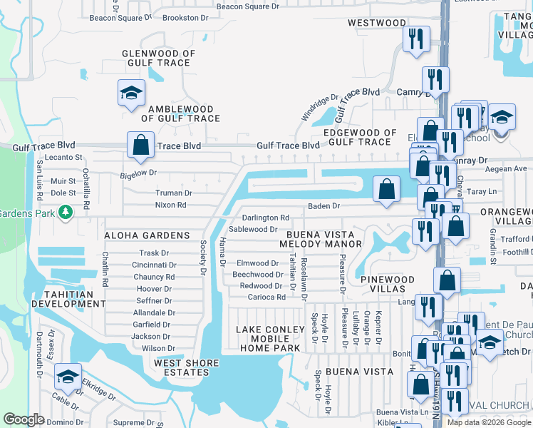 map of restaurants, bars, coffee shops, grocery stores, and more near 3830 Baden Drive in Holiday